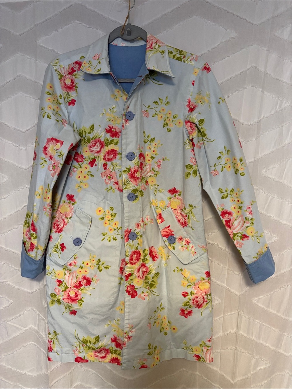 Reversible Floral and Light Blue Women's Trench Coat